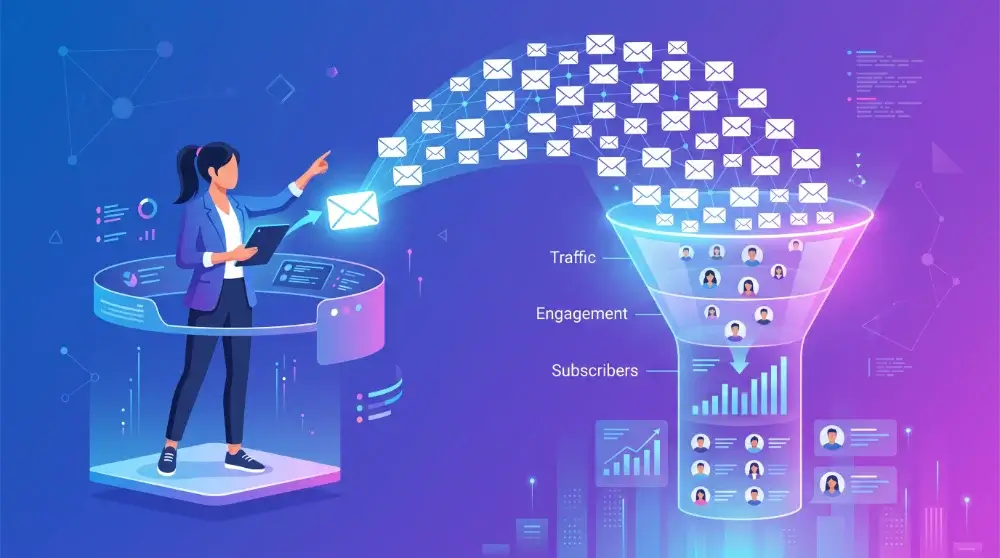 Email lista építés illusztráció, feliratkozók gyűjtése és email marketing folyamat 2026-ban