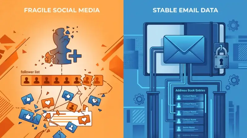 Email lista versus közösségi média követő összehasonlító illusztráció