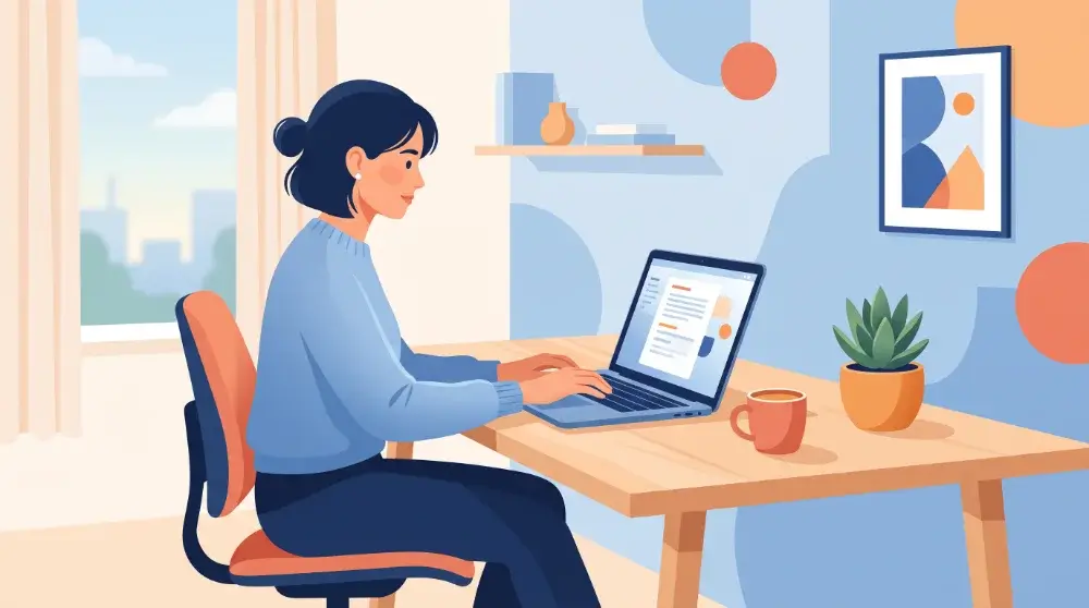 Modern illusztráció íróasztalnál dolgozó bloggerről laptoppal, blog indítása témájú borítókép