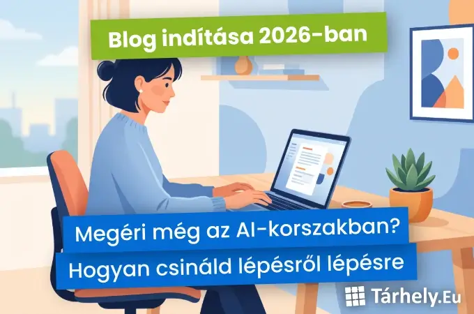 Modern illusztráció íróasztalnál dolgozó bloggerről laptoppal, blog indítása témájú borítókép