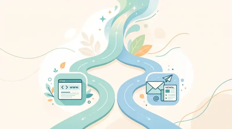 Illusztráció a blog és a hírlevél/email marketing összekapcsolásáról egy hibrid stratégiában