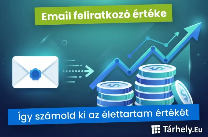 Email feliratkozó értékét szimbolizáló illusztráció: boríték, érmék és növekedési grafikon