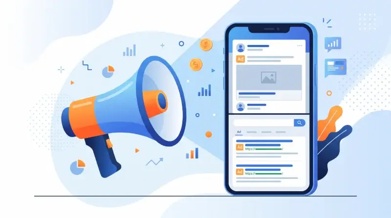 Fizetett hirdetési stratégiák: Google Ads és közösségi média hirdetések illusztrációja