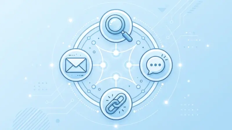 Ingyenes forgalomterelési stratégiák: SEO, közösségi média, linképítés és email marketing ikonjai
