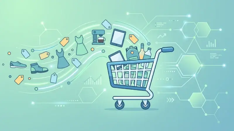Webshop forgalom növelését szemléltető illusztráció termékfeeddel és bevásárlókosárral
