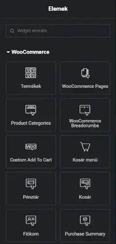 Elementor widget panel