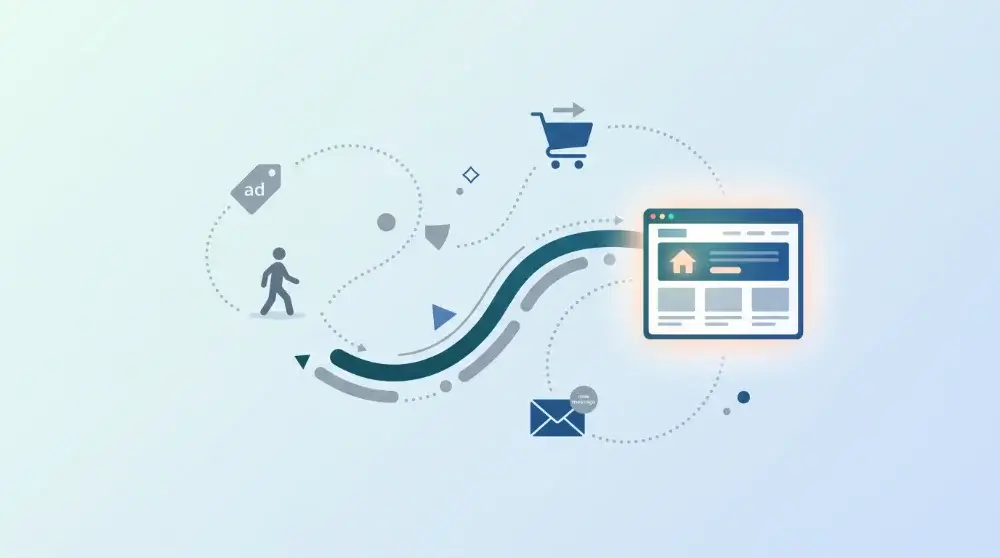 Remarketing stratégia illusztráció: látogató visszavezetése a weboldalra ikonokkal