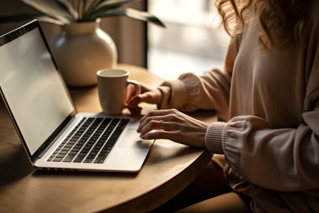 Nyugodt, elégedett ügyfél laptop és kávé mellett, miután a technikai probléma megoldódott