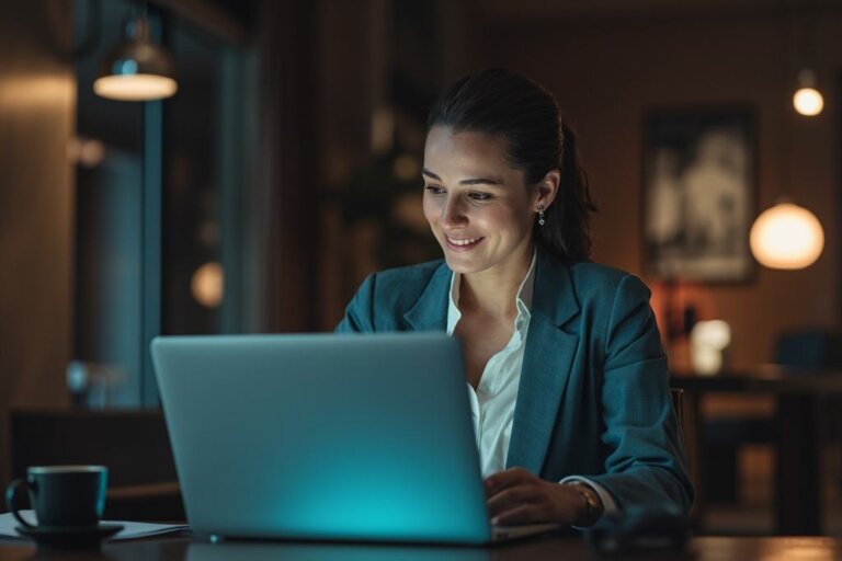 Megkönnyebbült üzleti ügyfél laptop és telefon mellett, miután az AI asszisztens segített megoldani a WordPress hibát