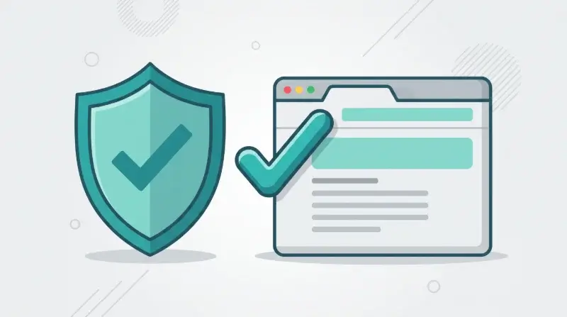 Weboldal-tulajdonjog igazolásának illusztrációja pajzs és pipa ikonnal
