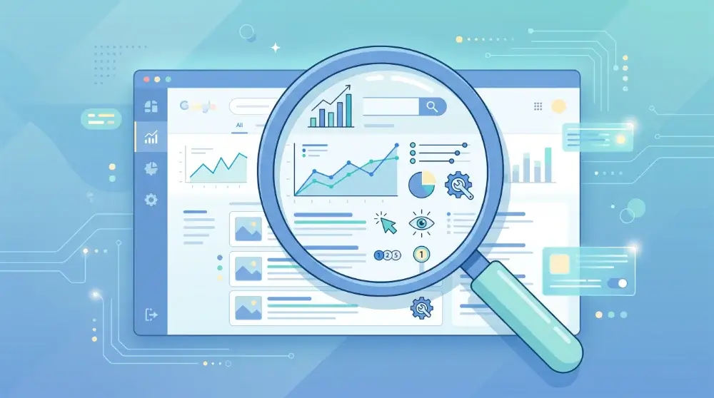 Google Search Console útmutató illusztráció: nagyító a keresési teljesítmény grafikonok felett